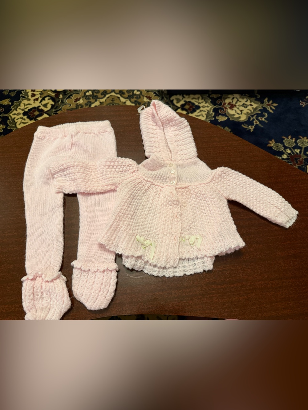 Vintage Hand-Knit Baby Hooded Cardigan and Footed Pants Set - Light Pink